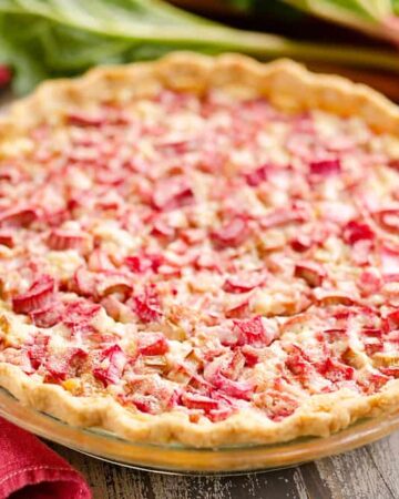 Rhubarb Custard Pie on table with red napkin